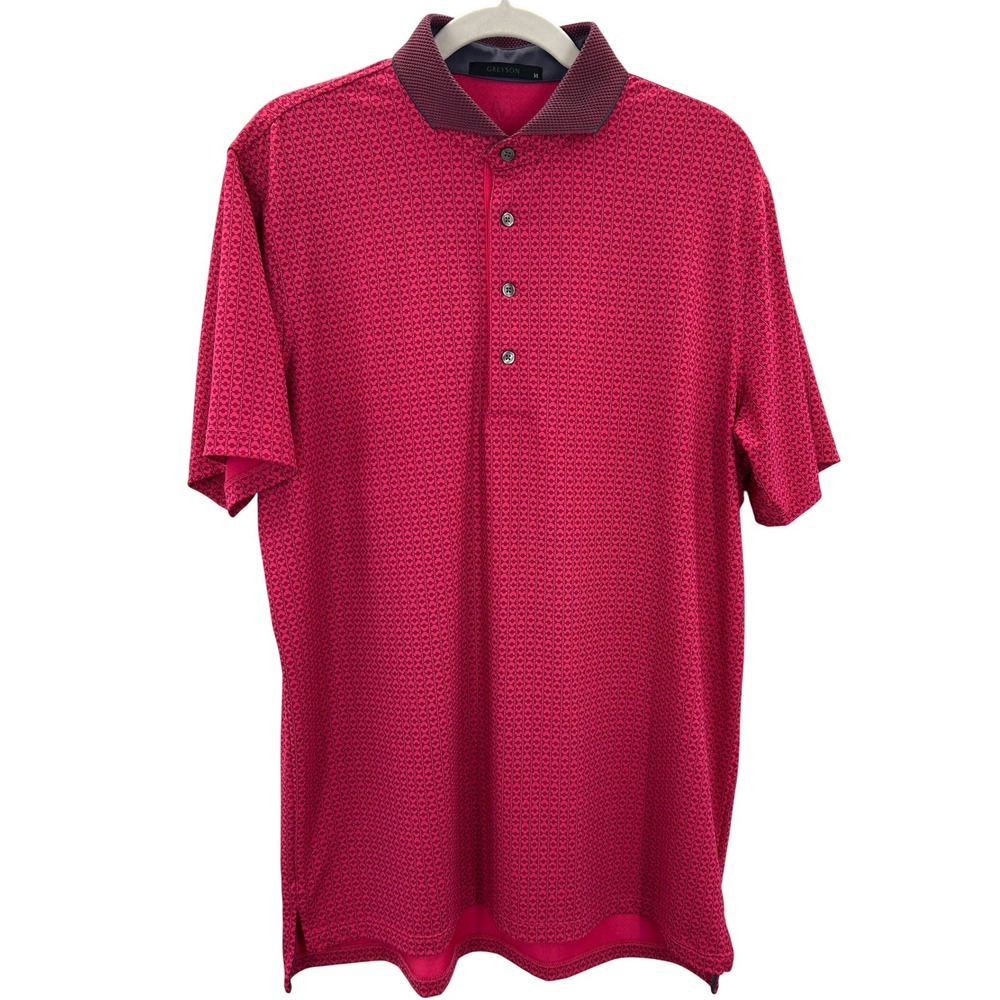 Greyson Mens Pink Geometric Print Short Sleeve‎ Golf Polo Shirt Size Medium